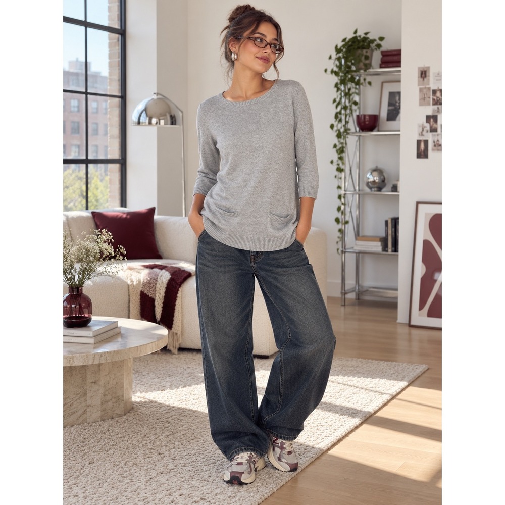 Talbots Petites Gray Heathered 3/4 Sleeve Back Zip Pocket Sweater Size SP
